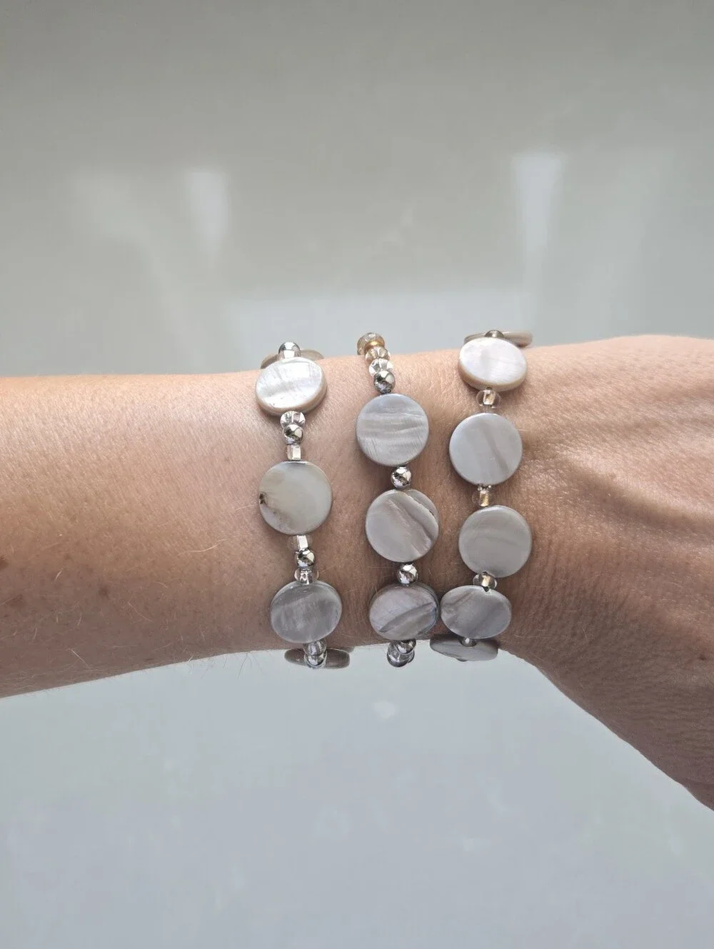 Handmade Mother-of-Pearl Shell Bead Disc Stretch Bracelet Trio